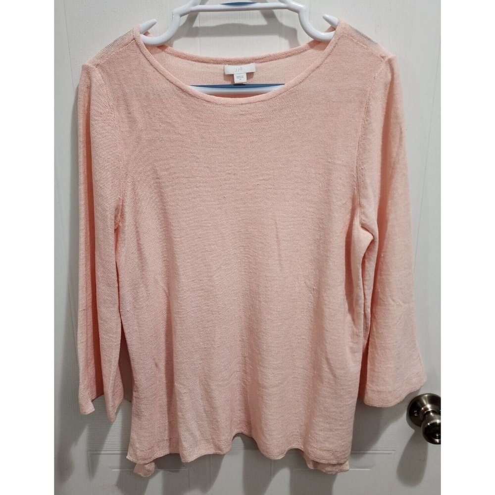 J Jill Women's Semi Sheer Linen Knit Blouse Top Flared Sleeves Pink Size Medium